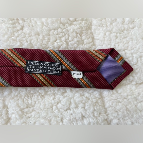 J Z Richards Gallery Handmade Silk & Cotton Italian Maroon Red Stripe Power Tie - Picture 5 of 6